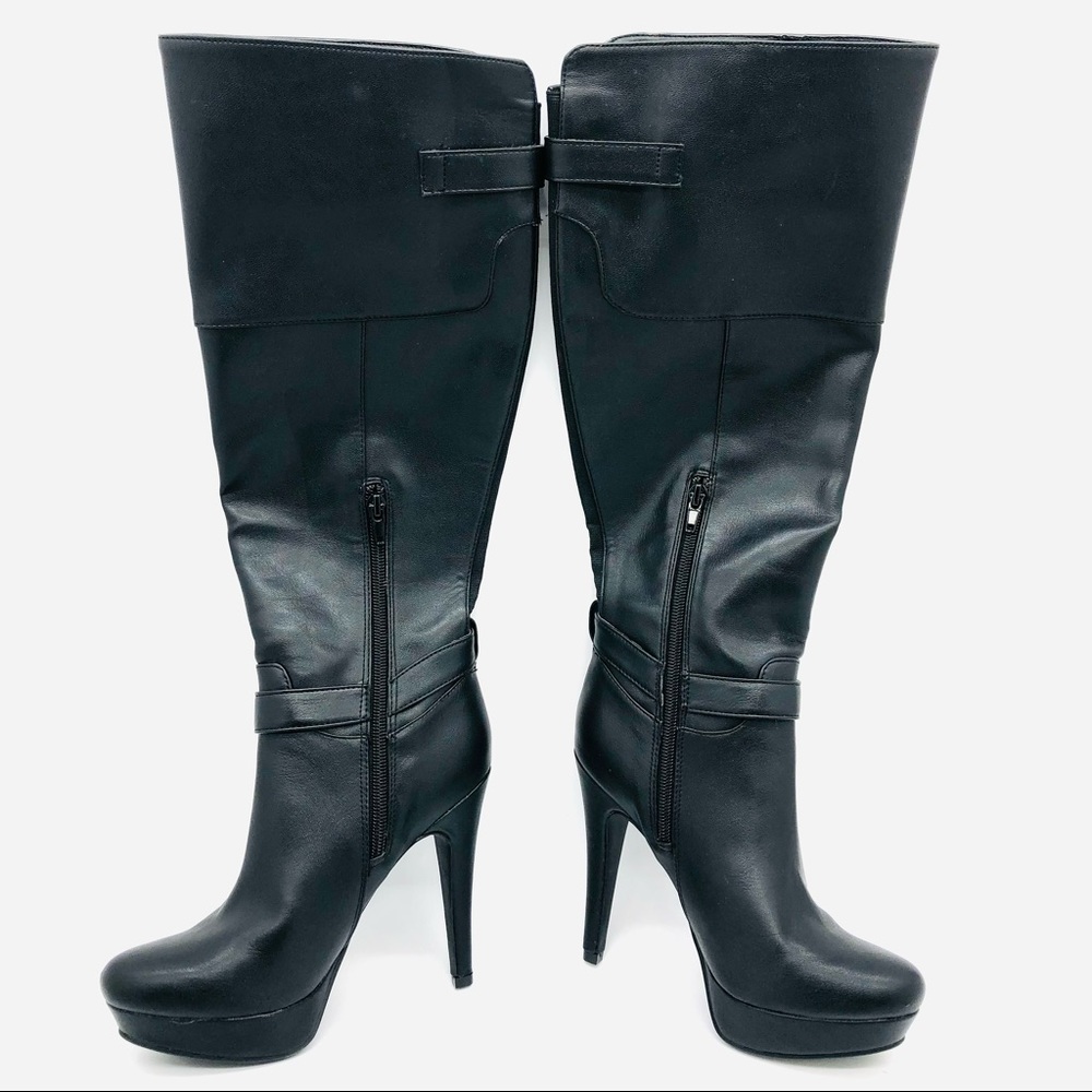 G by Guess Black High Heeled Leather Boots Knee High Buckle 6.5 M barely used - Picture 2 of 9